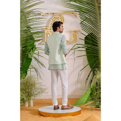 Runit Gupta Blue Bloom Bundi Jacket with Kurta and Pant (Set of 3)