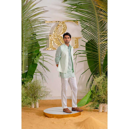 Runit Gupta Blue Bloom Bundi Jacket with Kurta and Pant (Set of 3)