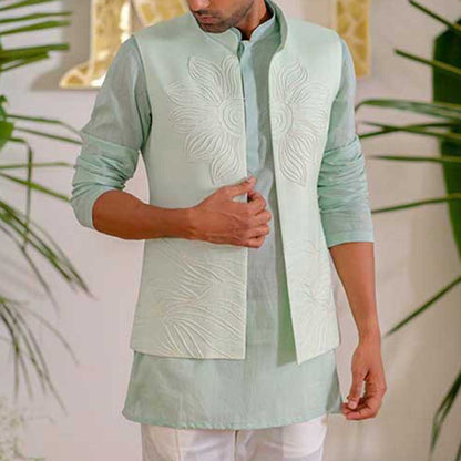 Runit Gupta Blue Bloom Bundi Jacket with Kurta and Pant (Set of 3)