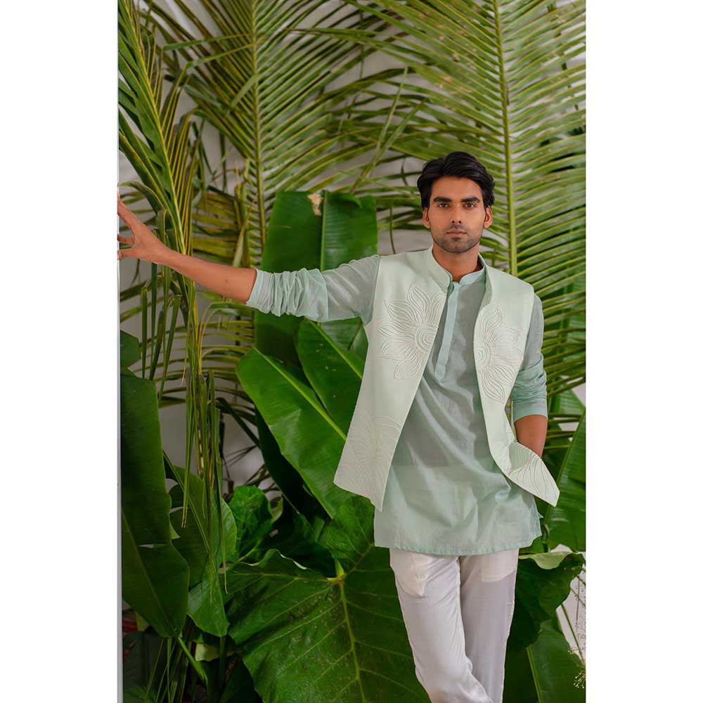 Runit Gupta Blue Bloom Bundi Jacket with Kurta and Pant (Set of 3)