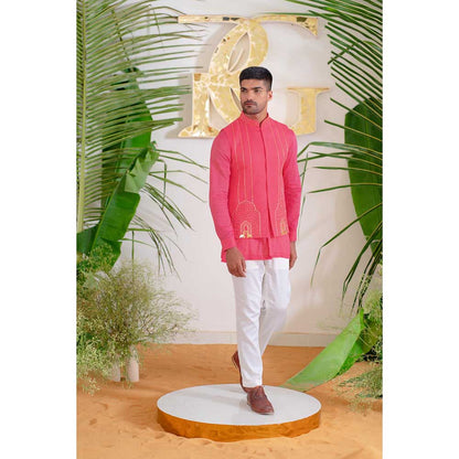 Runit Gupta Hot Pink Arches Bundi Jacket with Kurta and Pant (Set of 3)