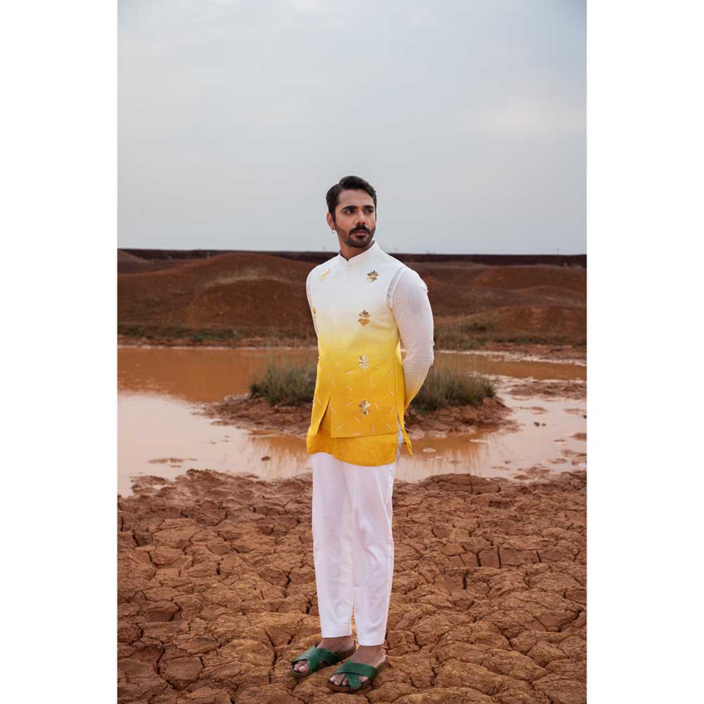 Runit Gupta Yellow Ombre Bundi Jacket with Kurta and Pant (Set of 3)