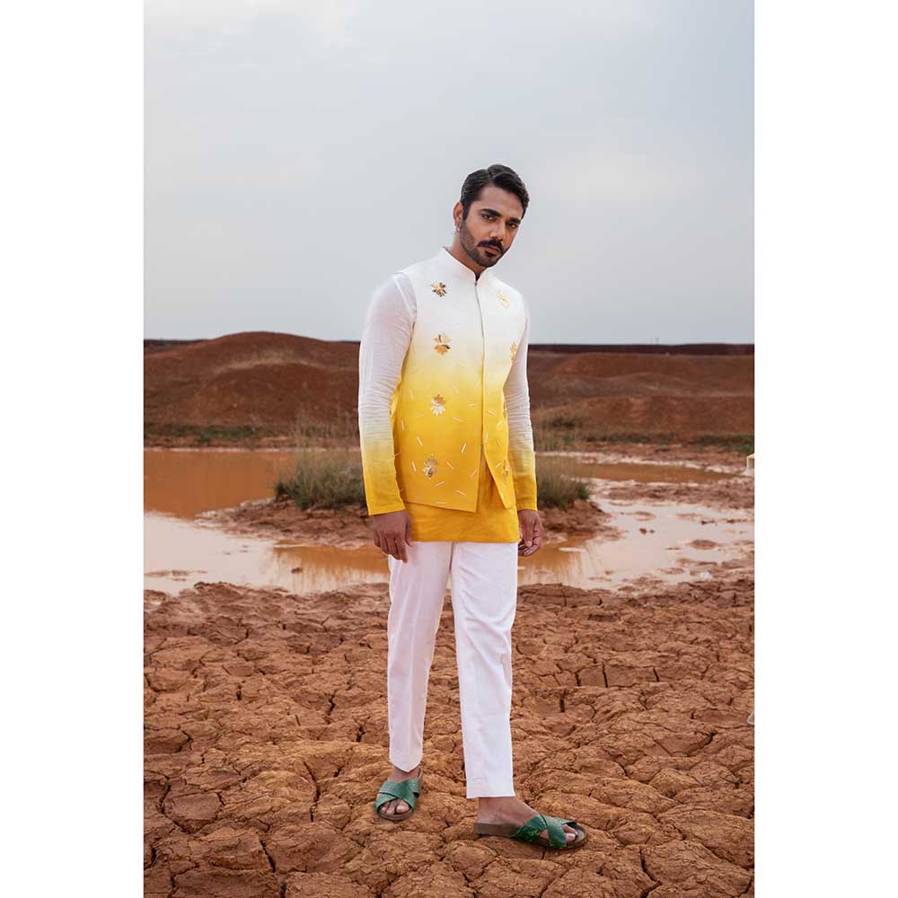 Runit Gupta Yellow Ombre Bundi Jacket with Kurta and Pant (Set of 3)