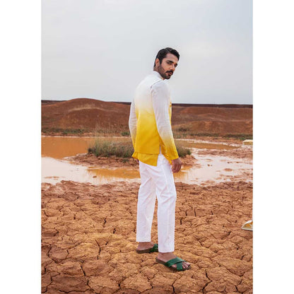Runit Gupta Yellow Ombre Bundi Jacket with Kurta and Pant (Set of 3)