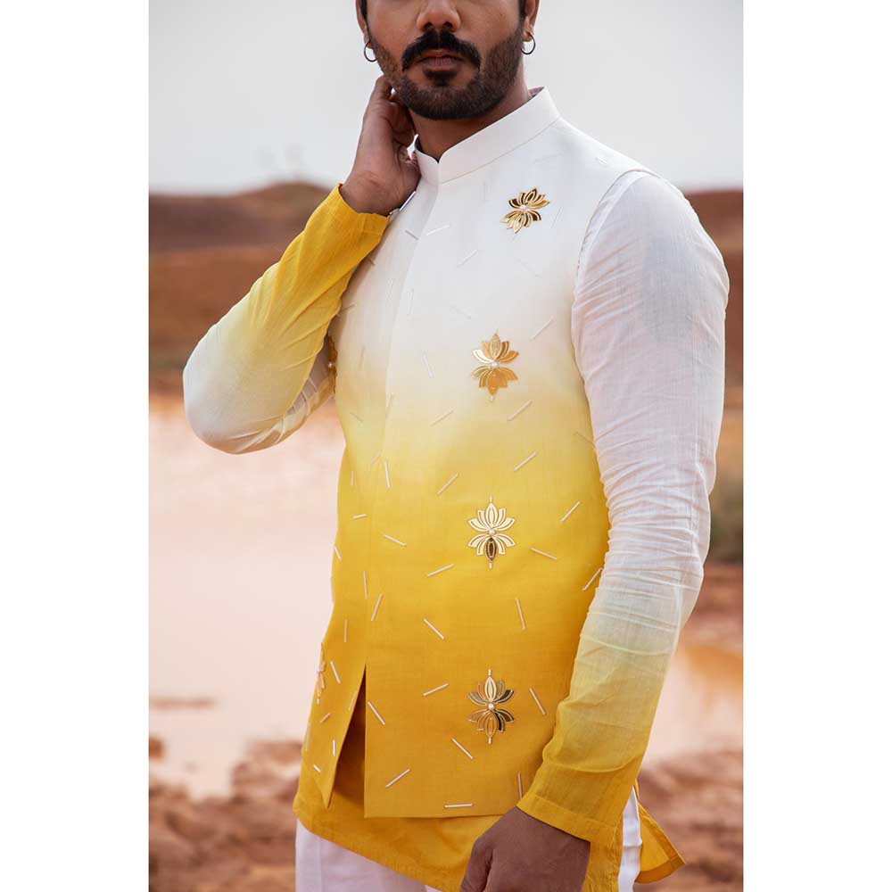 Runit Gupta Yellow Ombre Bundi Jacket with Kurta and Pant (Set of 3)