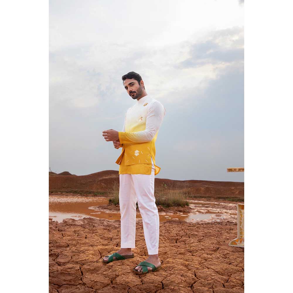 Runit Gupta Yellow Ombre Bundi Jacket with Kurta and Pant (Set of 3)