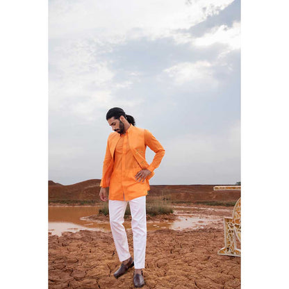 Runit Gupta Tangerine Boat Bundi Jacket with Kurta and Pant (Set of 3)