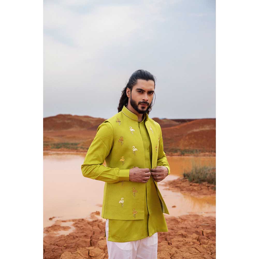 Runit Gupta Green Flamingo Embroidered Bundi Jacket with Kurta and Pant (Set of 3)