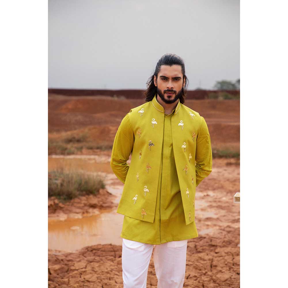 Runit Gupta Green Flamingo Embroidered Bundi Jacket with Kurta and Pant (Set of 3)