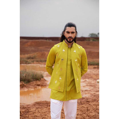 Runit Gupta Green Flamingo Embroidered Bundi Jacket with Kurta and Pant (Set of 3)