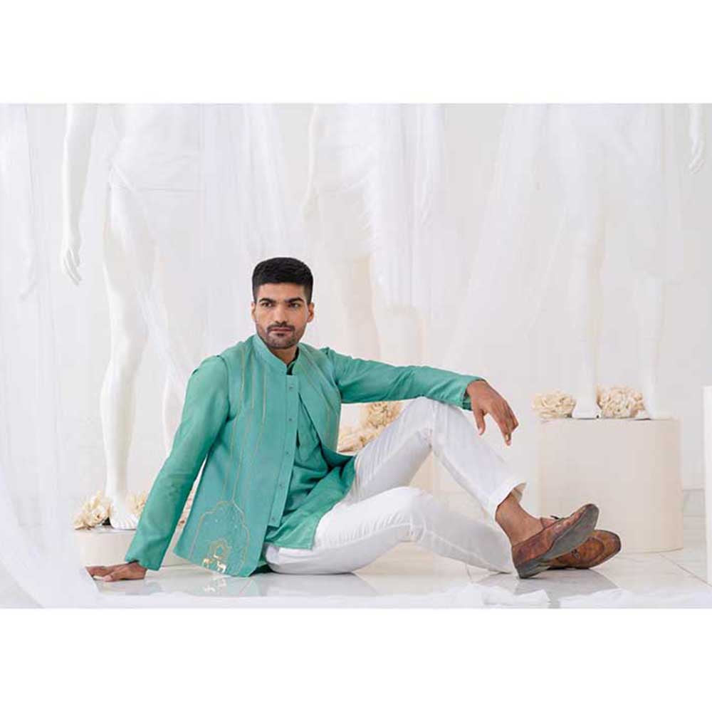 Runit Gupta Teal Summer Bundi Jacket
