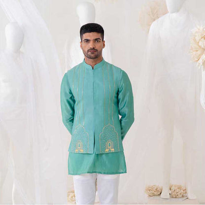 Runit Gupta Teal Summer Bundi Jacket with Kurta and Pant (Set of 3)