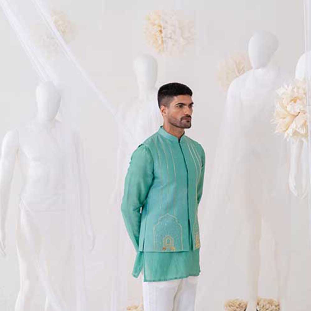 Runit Gupta Teal Summer Bundi Jacket with Kurta and Pant (Set of 3)