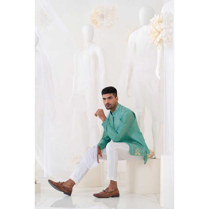 Runit Gupta Teal Summer Bundi Jacket with Kurta and Pant (Set of 3)