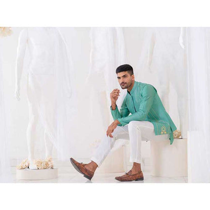 Runit Gupta Teal Summer Bundi Jacket with Kurta and Pant (Set of 3)