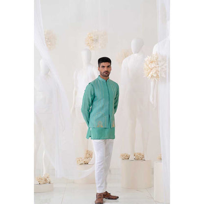 Runit Gupta Teal Summer Bundi Jacket with Kurta and Pant (Set of 3)