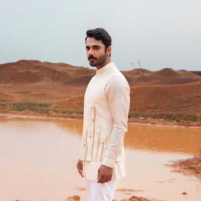 Runit Gupta Beige Abstract Bundi Jacket