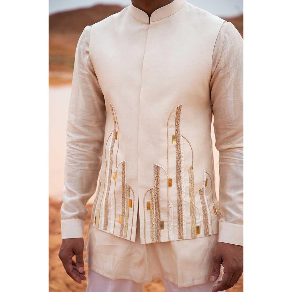 Runit Gupta Beige Abstract Bundi Jacket