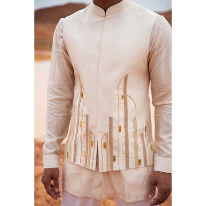 Runit Gupta Beige Abstract Bundi Jacket