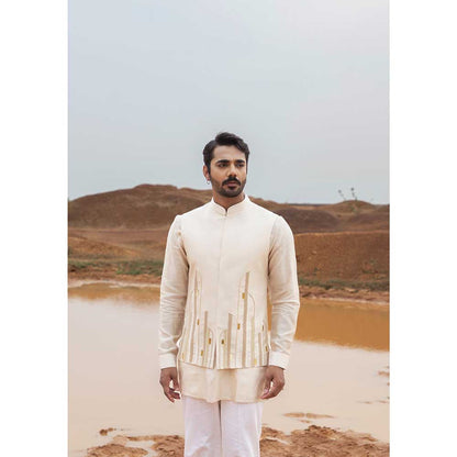 Runit Gupta Sand Abstract Bundi Jacket with Kurta and Pant (Set of 3)