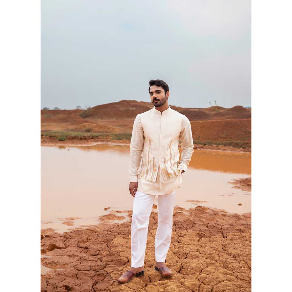 Runit Gupta Sand Abstract Bundi Jacket with Kurta and Pant (Set of 3)