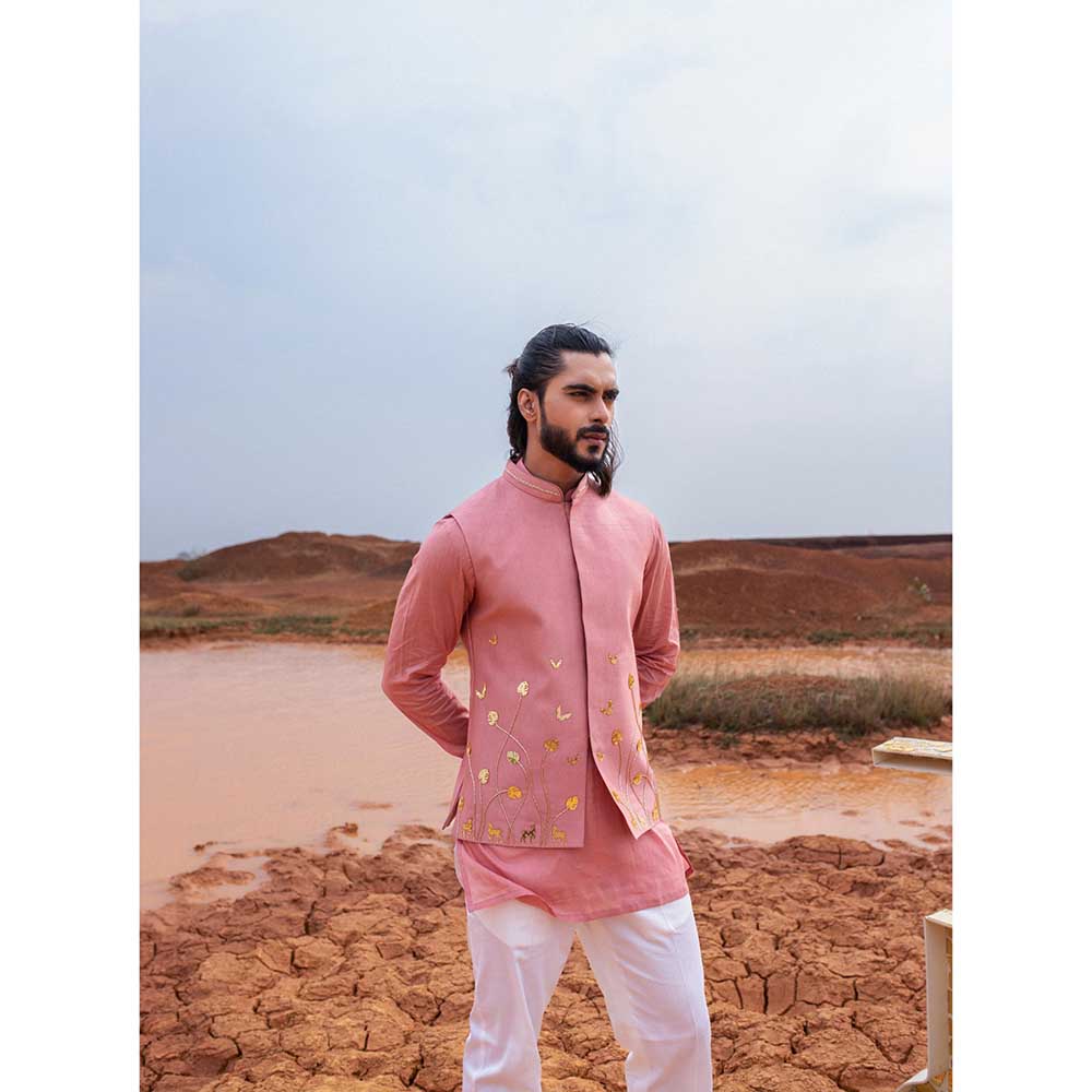 Runit Gupta Dusty Onion Bundi Jacket with Kurta and Pant (Set of 3)