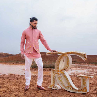 Runit Gupta Dusty Onion Bundi Jacket with Kurta and Pant (Set of 3)