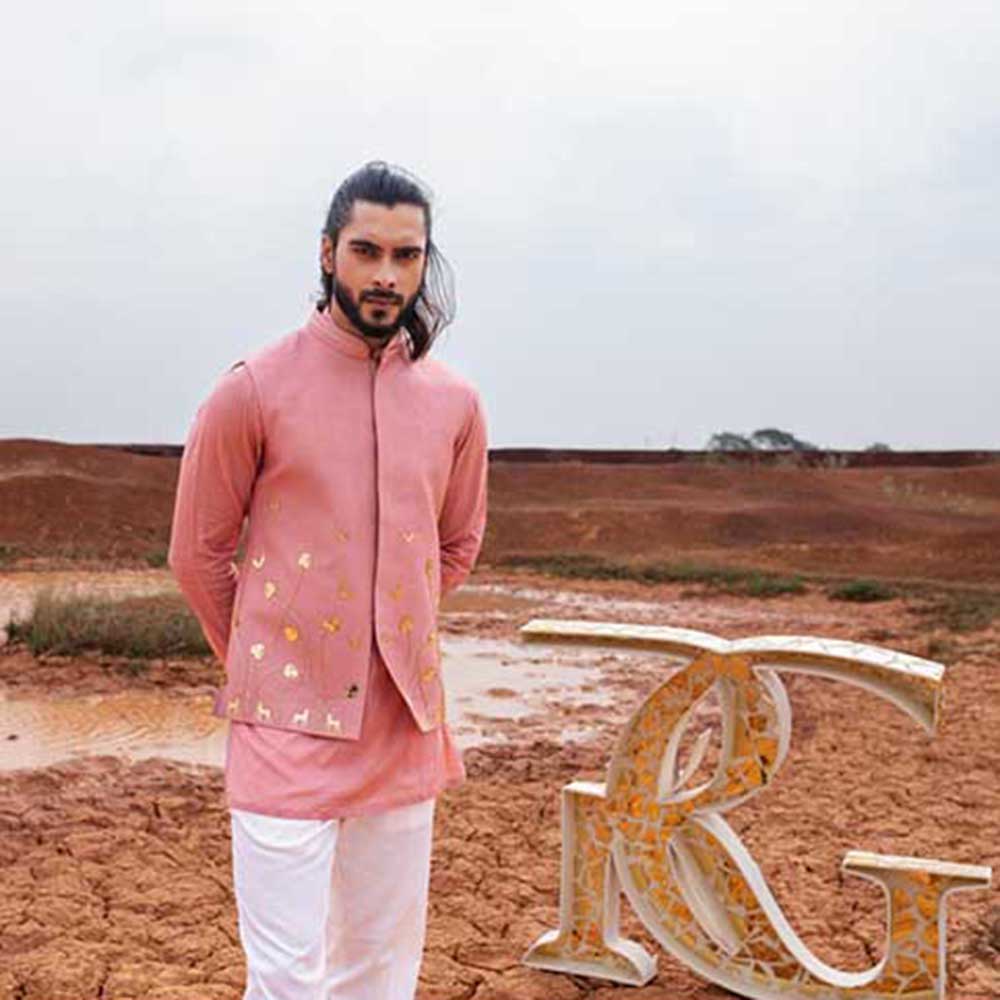 Runit Gupta Dusty Onion Bundi Jacket with Kurta and Pant (Set of 3)