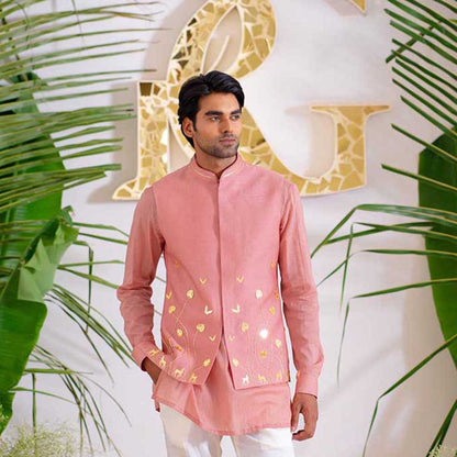 Runit Gupta Dusty Onion Bundi Jacket with Kurta and Pant (Set of 3)