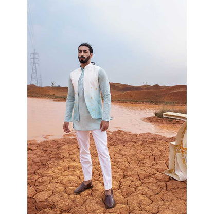 Runit Gupta Blue Ombre Bundi Jacket with Kurta and Pant (Set of 3)