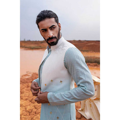 Runit Gupta Blue Ombre Bundi Jacket with Kurta and Pant (Set of 3)