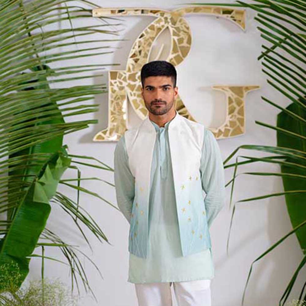Runit Gupta Blue Ombre Bundi Jacket with Kurta and Pant (Set of 3)
