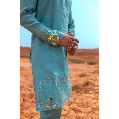 Runit Gupta Royal Reign Aqua Kurta with Pant (Set of 2)