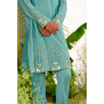 Runit Gupta Royal Reign Aqua Kurta with Pant (Set of 2)