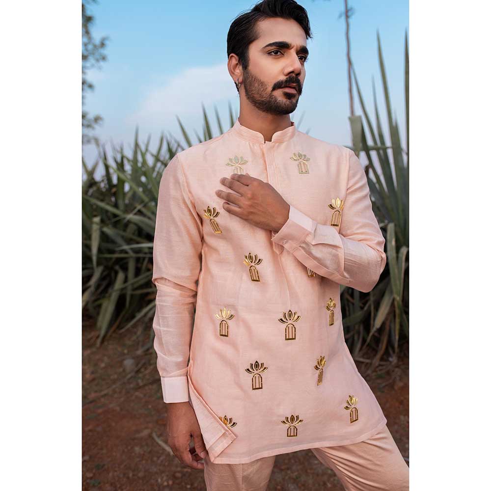 Runit Gupta Peach Palace Short Kurta with Pant (Set of 2)