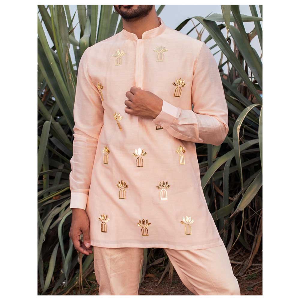 Runit Gupta Peach Palace Short Kurta with Pant (Set of 2)