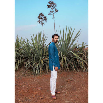 Runit Gupta Navy Blue Abstract Short Kurta with Pant (Set of 2)