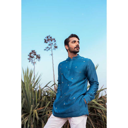 Runit Gupta Navy Blue Abstract Short Kurta with Pant (Set of 2)
