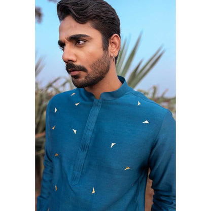 Runit Gupta Navy Blue Abstract Short Kurta with Pant (Set of 2)