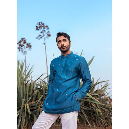 Runit Gupta Navy Blue Abstract Short Kurta with Pant (Set of 2)