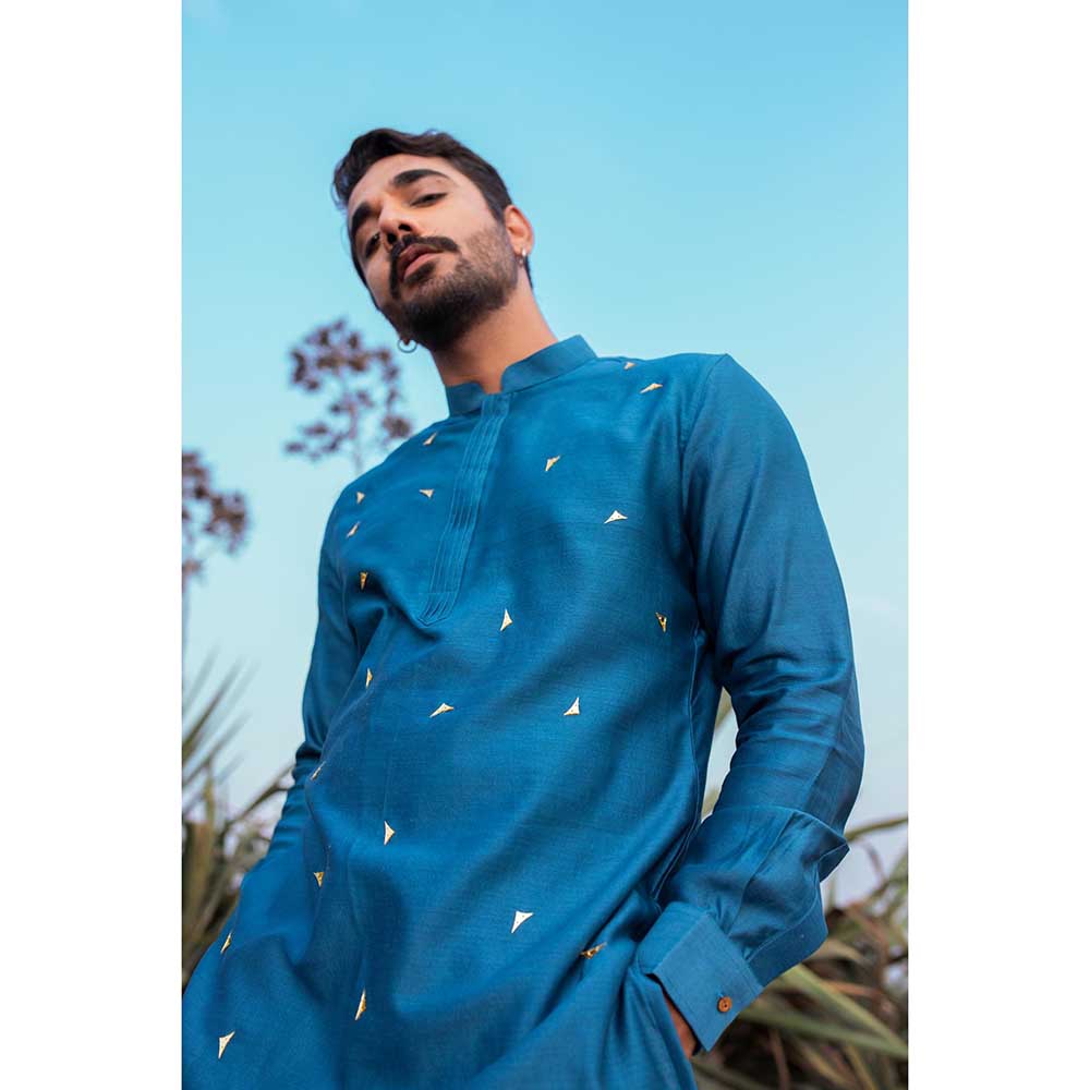 Runit Gupta Navy Blue Abstract Short Kurta with Pant (Set of 2)