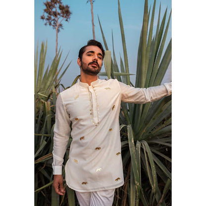Runit Gupta Ivory Tiger Short Kurta with Pant (Set of 2)