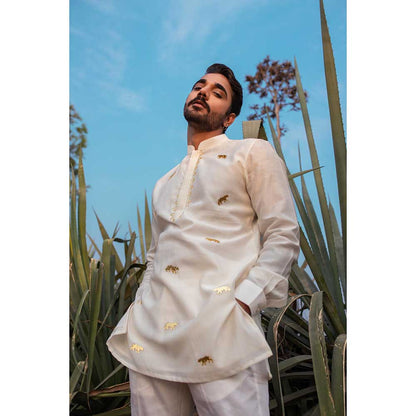 Runit Gupta Ivory Tiger Short Kurta with Pant (Set of 2)