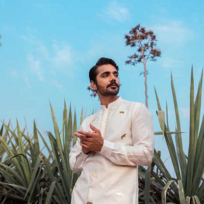 Runit Gupta Ivory Tiger Short Kurta with Pant (Set of 2)