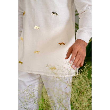 Runit Gupta Ivory Tiger Short Kurta with Pant (Set of 2)