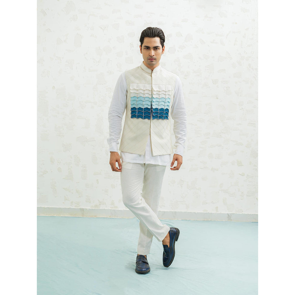 Runit Gupta Blue Ombre Flap Kurta with Nehru Jacket and Pyjama