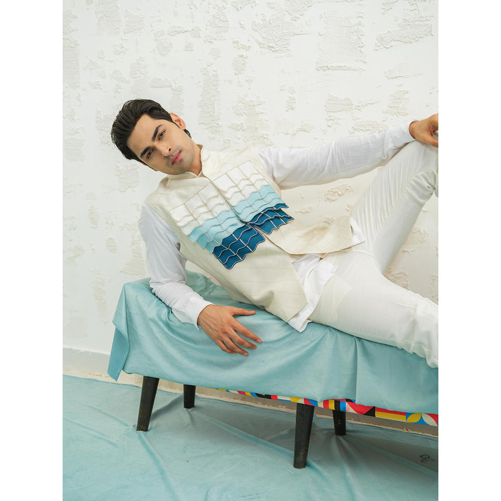 Runit Gupta Blue Ombre Flap Kurta with Nehru Jacket and Pyjama