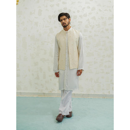 Runit Gupta Cream Button Kurta with Pyjama and Nehru Jacket