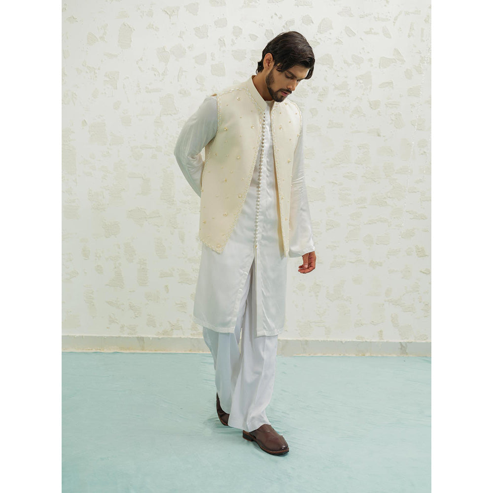 Runit Gupta Cream Button Kurta with Pyjama and Nehru Jacket