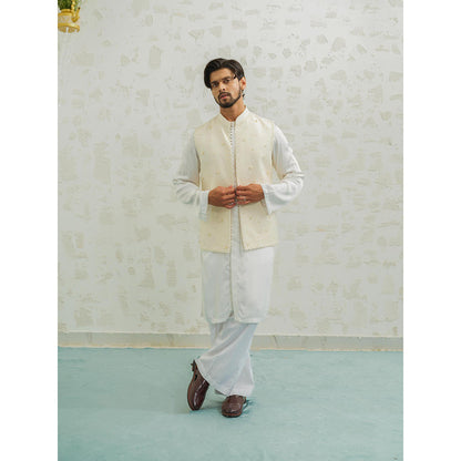 Runit Gupta Cream Button Kurta with Pyjama and Nehru Jacket